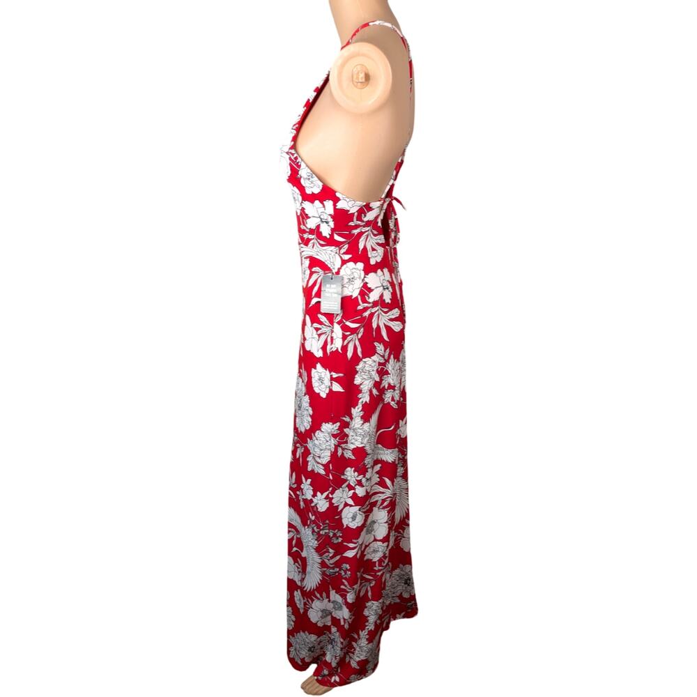NWT Express Halter Maxi Dress XS Red White Crane Floral Side Slit Tie Back - Picture 9 of 12